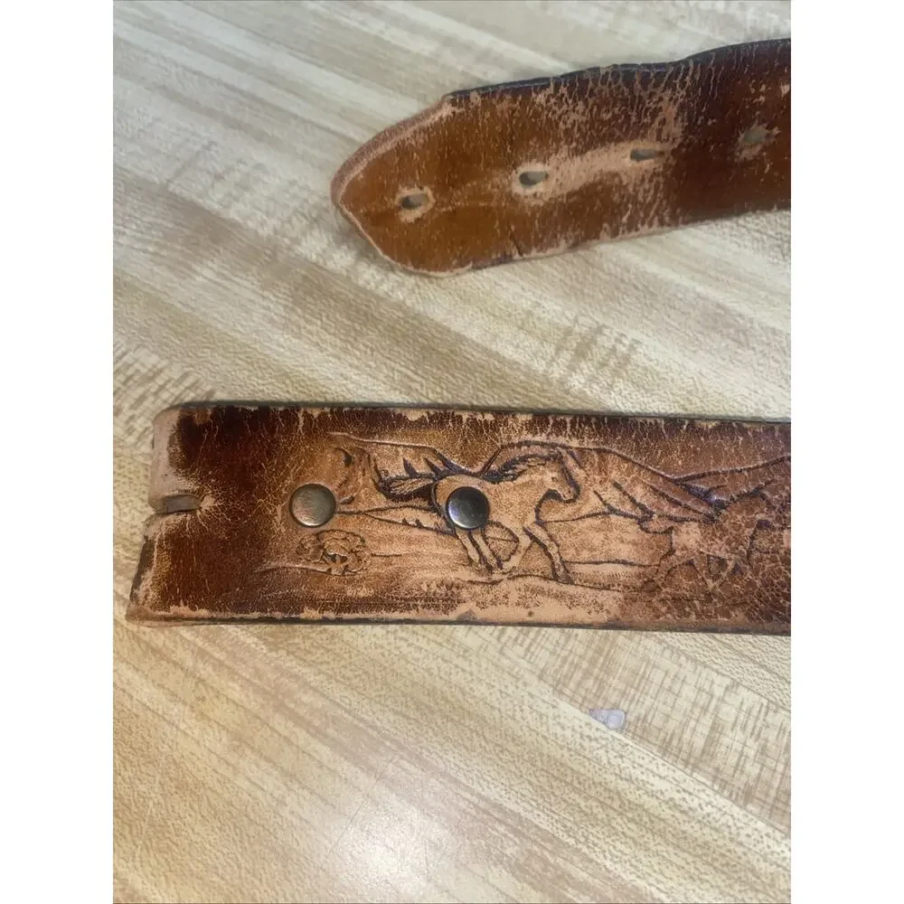 Vintage Western Hand Tooled Brown Leather Strap Horse Scene Belt Sz 36 Cowboy